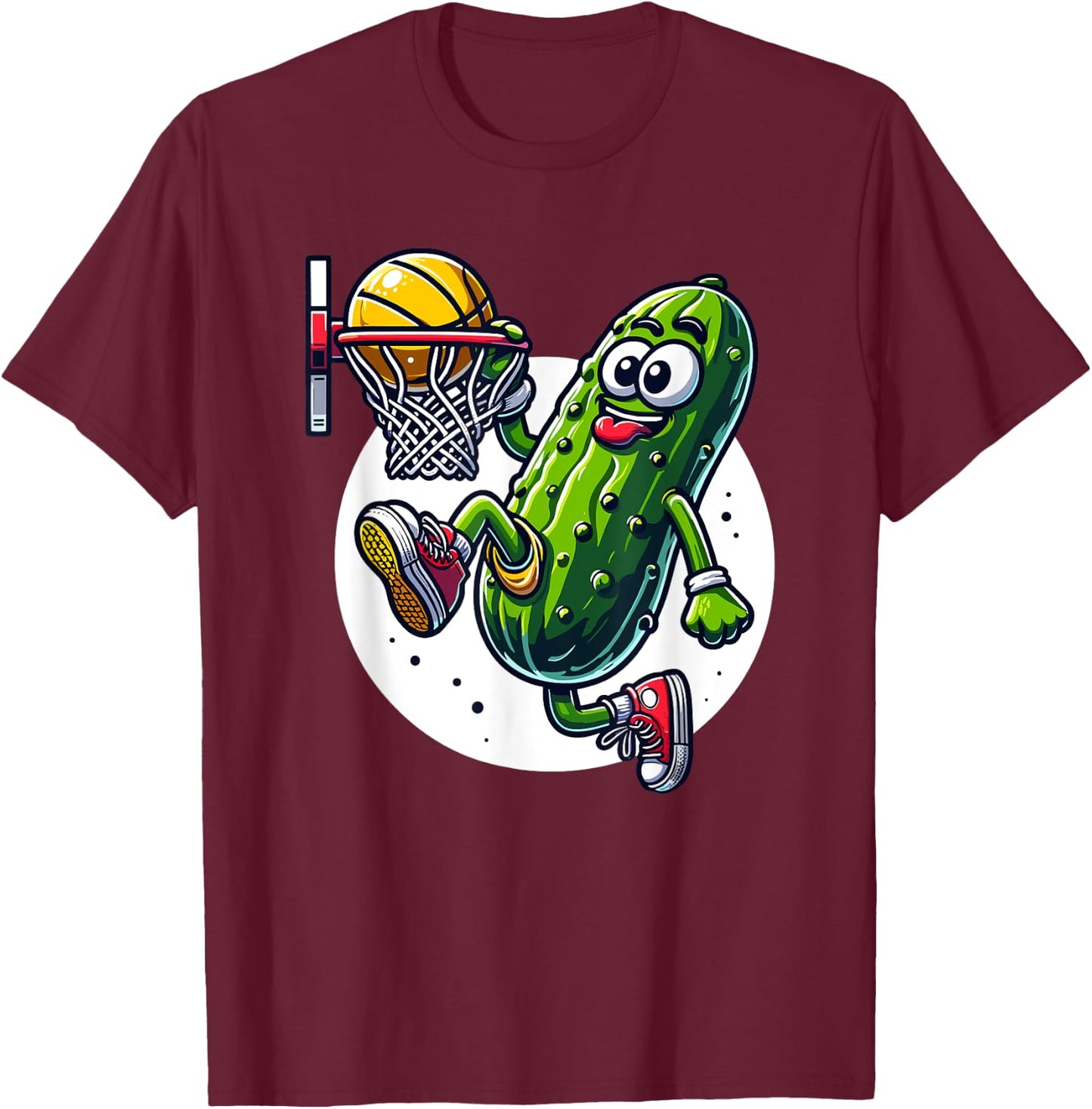 Slam Dunk Pickle - Humorous Basketball Cartoon Graphic T-Shirt - T-Shirt | Maroon