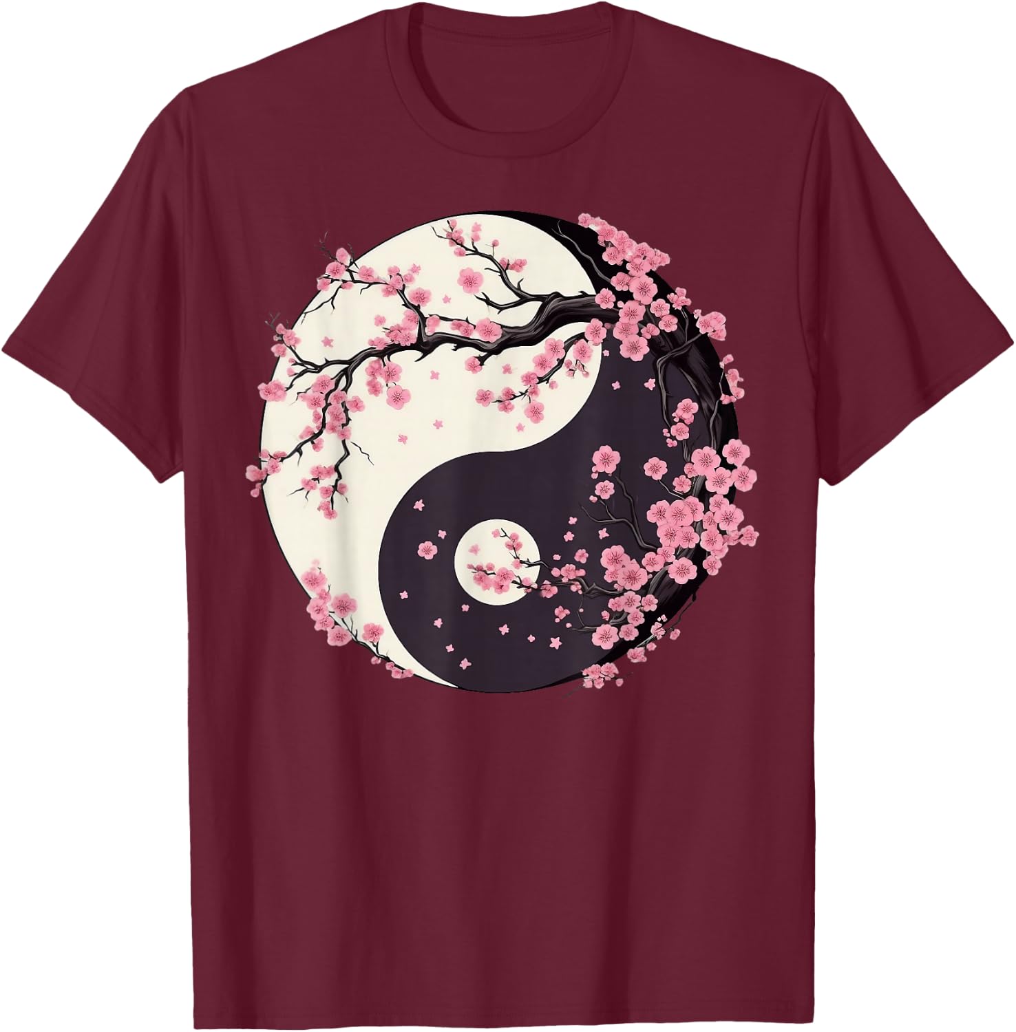 Cherry Blossom Yin Yang Tree of Life Moon Sun Duality T-Shirt - T-Shirt | Maroon