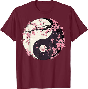 Cherry Blossom Yin Yang Tree of Life Moon Sun Duality T-Shirt - T-Shirt | Maroon