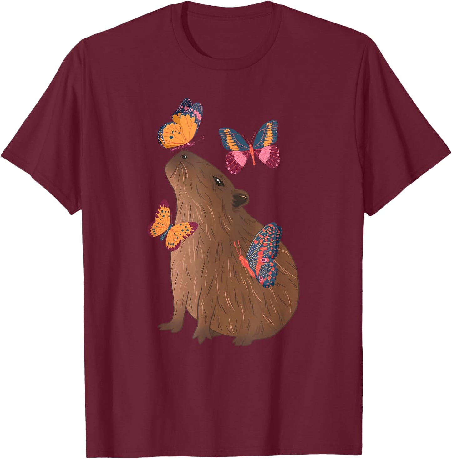 Funny Capybara With Butterfly Cute Rodent Animal Lover Gifts T-Shirt - T-Shirt | Maroon