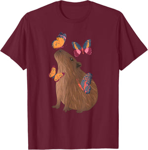 Funny Capybara With Butterfly Cute Rodent Animal Lover Gifts T-Shirt - T-Shirt | Maroon