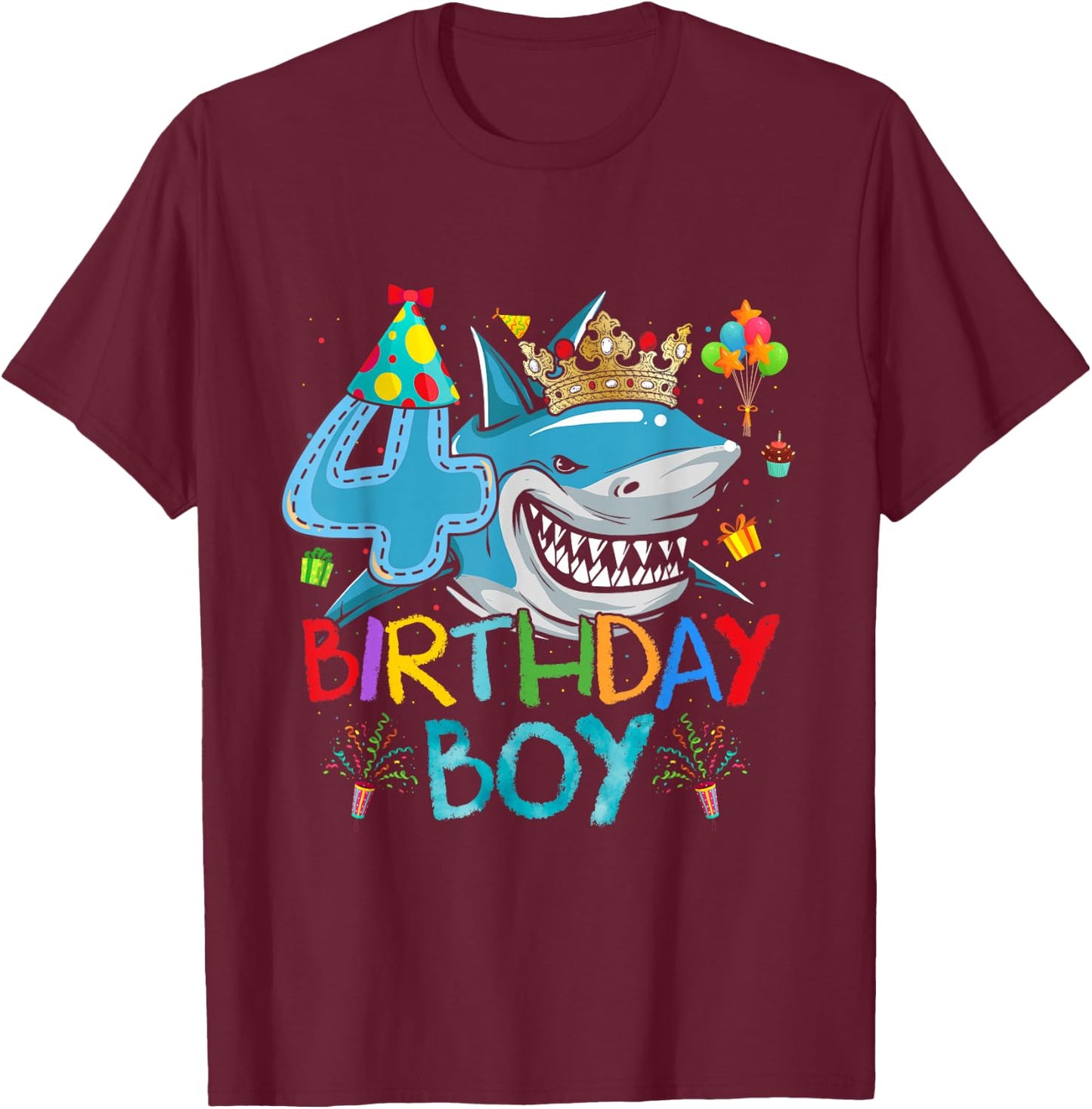 4th Birthday Shark Ocean Theme Party 4 Years Old For Boy T-Shirt - T-Shirt | Maroon
