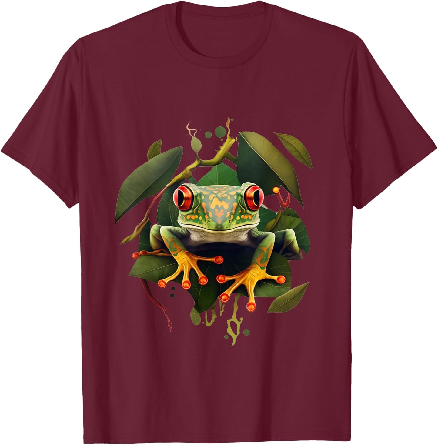 Leaping Frog Leaves Red Eyed Tree Frog Rainforest Amphibian T-Shirt - T-Shirt | Maroon