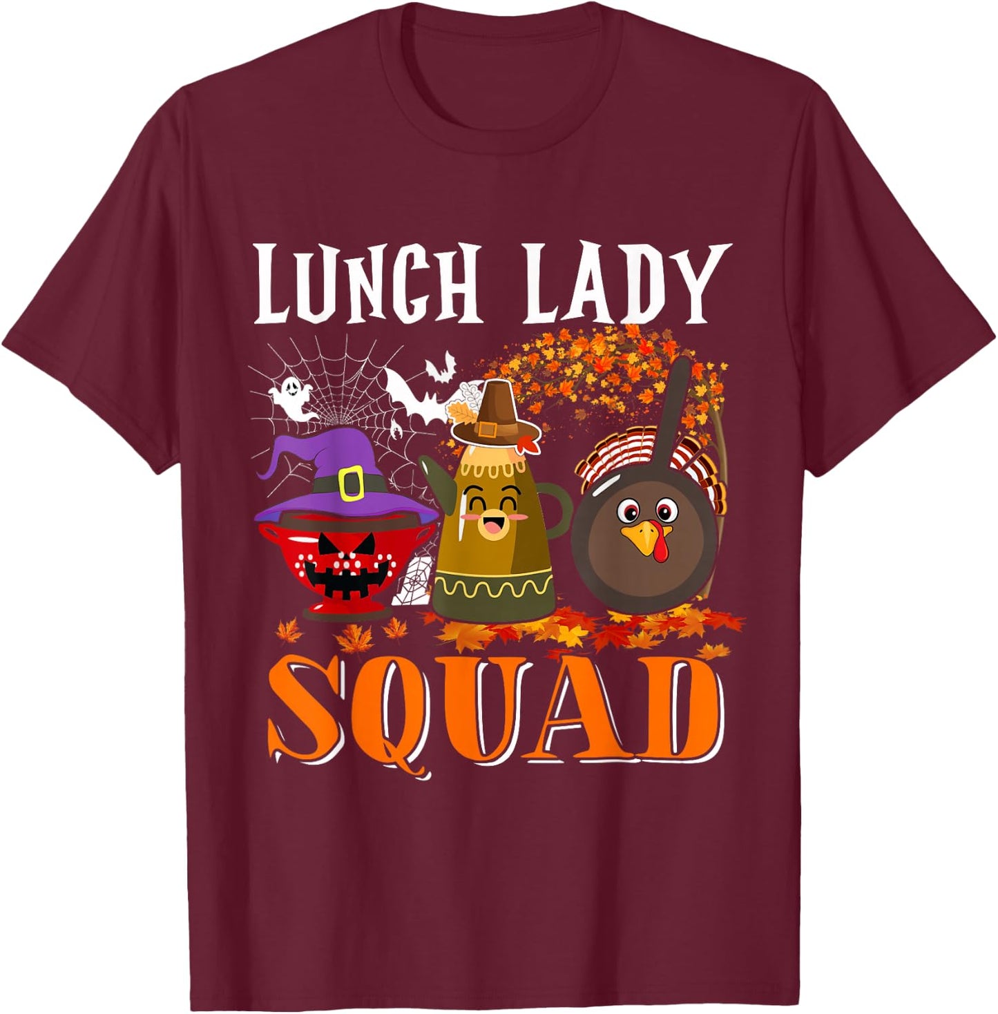 Lunch Lady Squad Thanksgiving Halloween Fall Tre Boo Ghosts T-Shirt - T-Shirt | Maroon