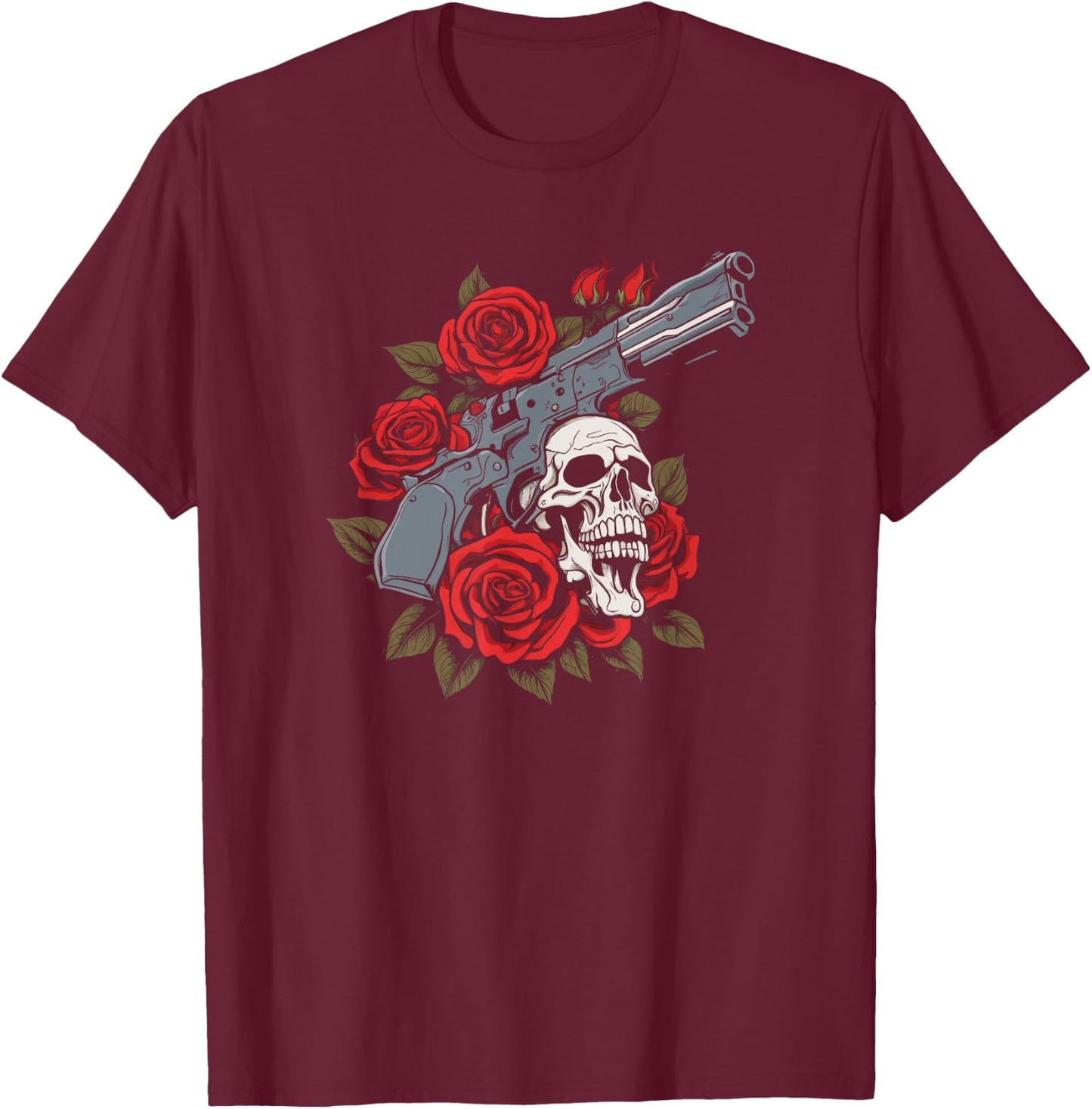 Skeleton Roses 1980s Glam 80s - Guns Rock Music Skull Rose T-Shirt - T-Shirt | Maroon
