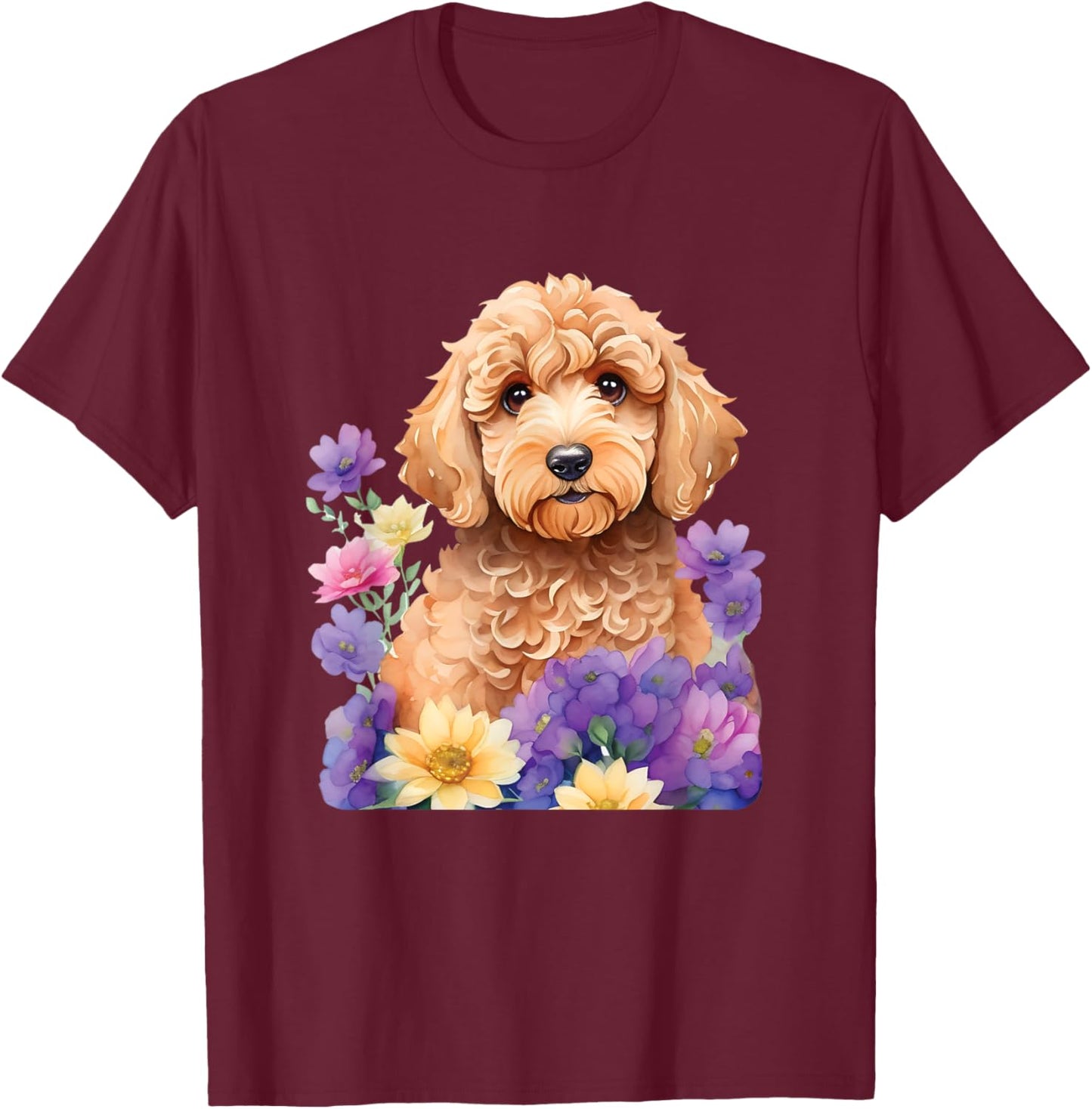 Cute Goldendoodle Doodle Dog Floral Design T-Shirt - T-Shirt | Maroon
