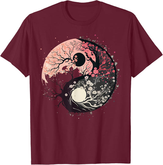 Cherry Blossom Taoism Yin Yang on Zen Taijitu Yin Yang T-Shirt - T-Shirt | Maroon