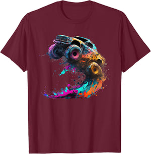 Airborne Monster Truck Jump Off Road Vehicle Colorful Dirt T-Shirt - T-Shirt | Maroon