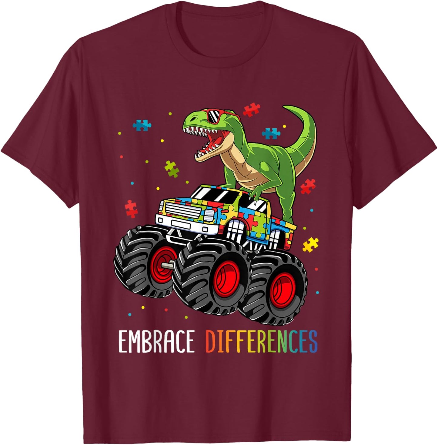 Autism Awareness T-Rex Monster Truck Embrace Differences T-Shirt - T-Shirt | Maroon
