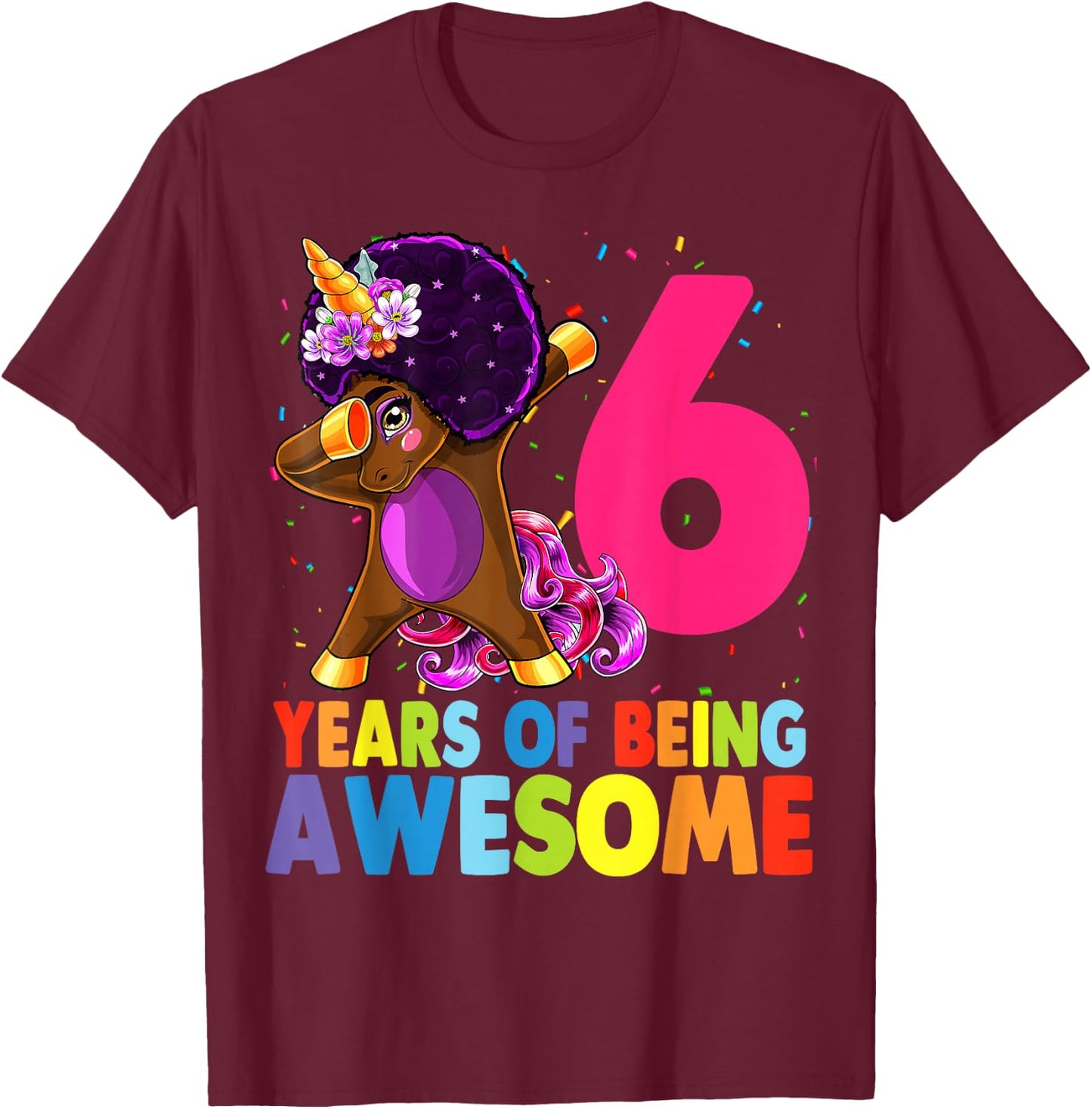 6th Birthday Dabbing Unicorn Afro Party Gift 6 Years Old T-Shirt - T-Shirt | Maroon