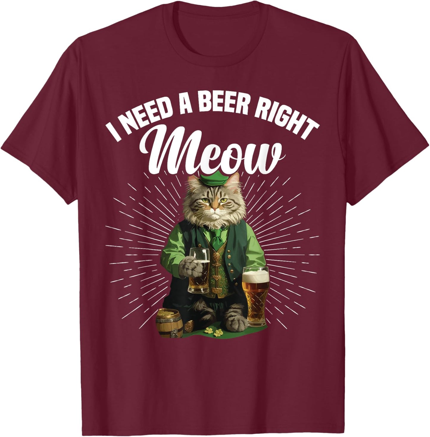 Funny Irish Beer Cat St Patricks Day Drinking Men Women T-Shirt - T-Shirt | Maroon