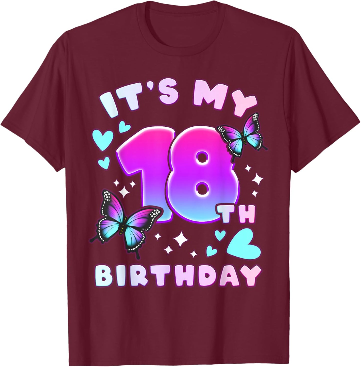 18th Birthday, Girl 18 years, Butterflies and Number 18 T-Shirt - T-Shirt | Maroon