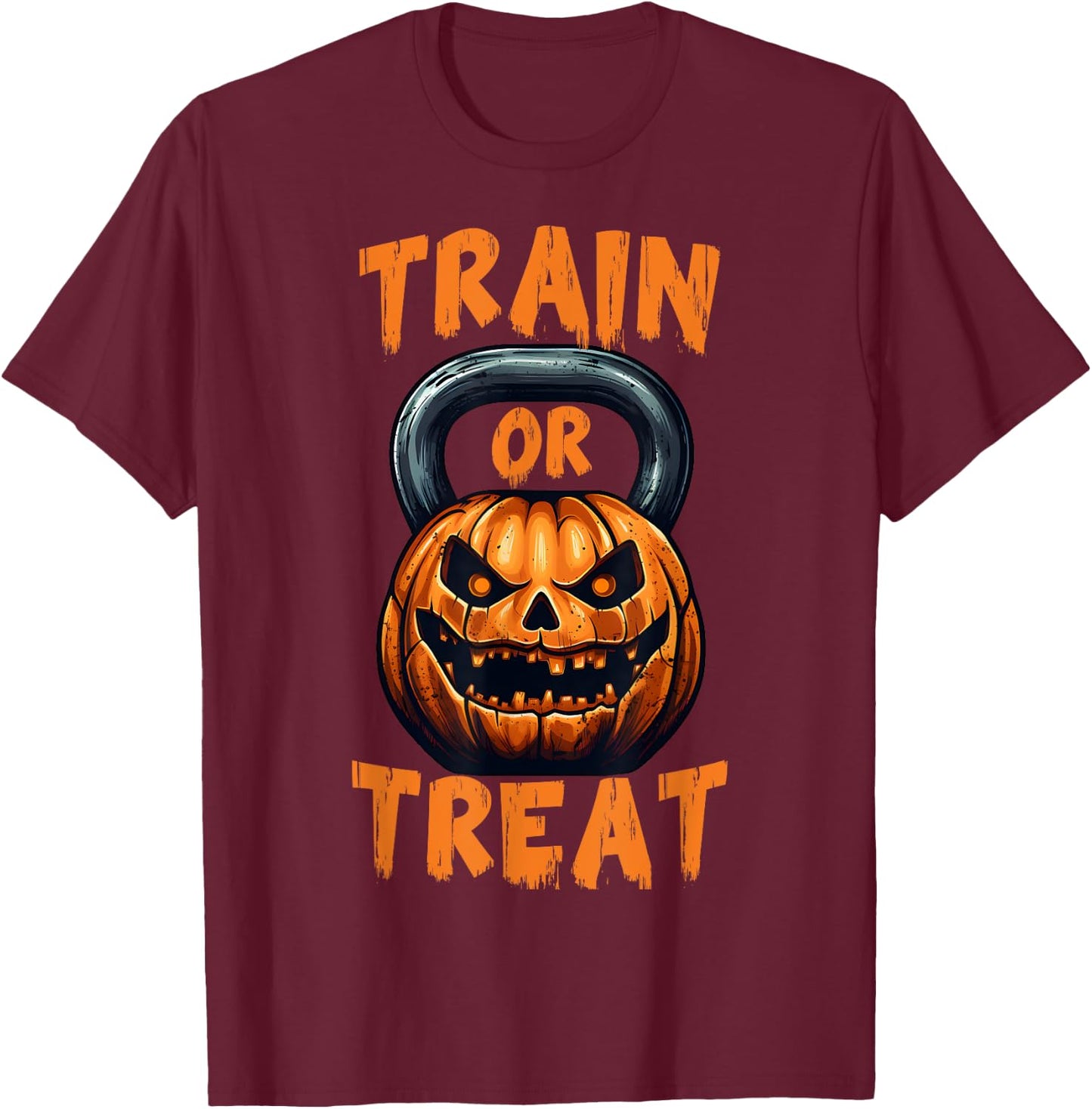 Train or Treat Halloween Pumpkin Kettlebell Gym Workout T-Shirt - T-Shirt | Maroon