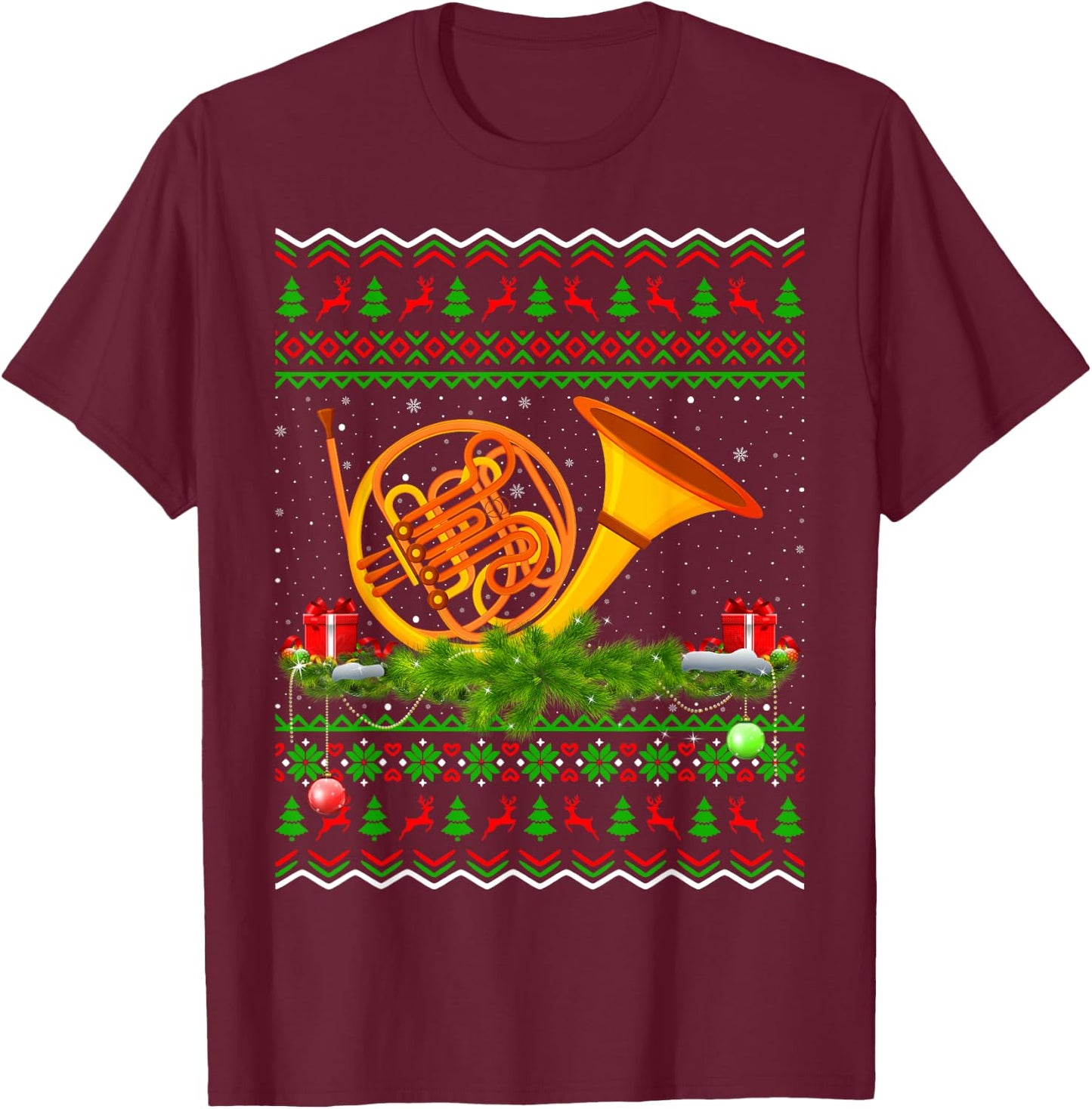 French Horn Musical Xmas Sweater Ugly French Horn Christmas T-Shirt - T-Shirt | Maroon