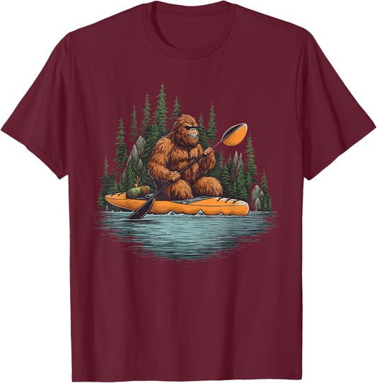 Bigfoot Kayak Paddling Lake Canoe Bigfoot Sasquatch Kayaking T-Shirt - T-Shirt | Maroon