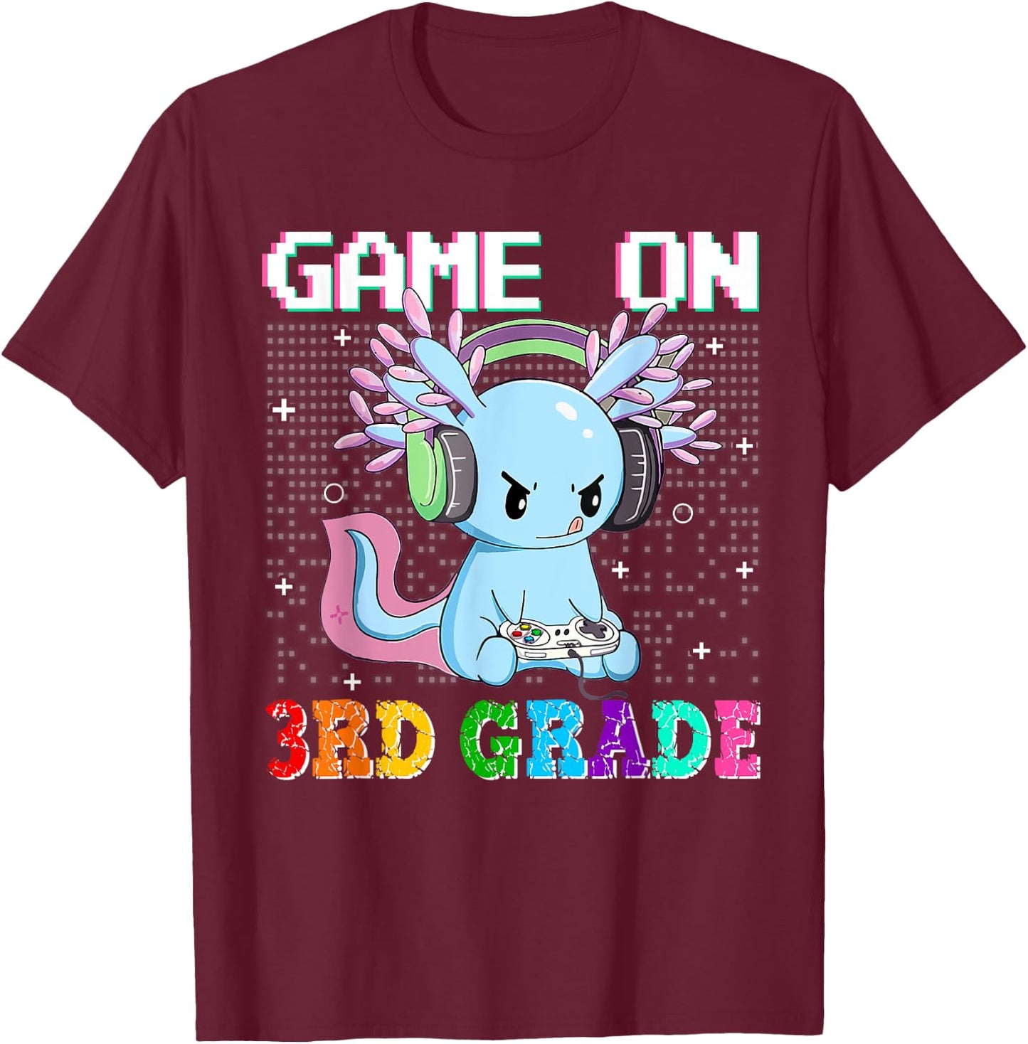 Axolotl Game On 3rd Grade Funny Back To School Gamer Boys T-Shirt - T-Shirt | Maroon