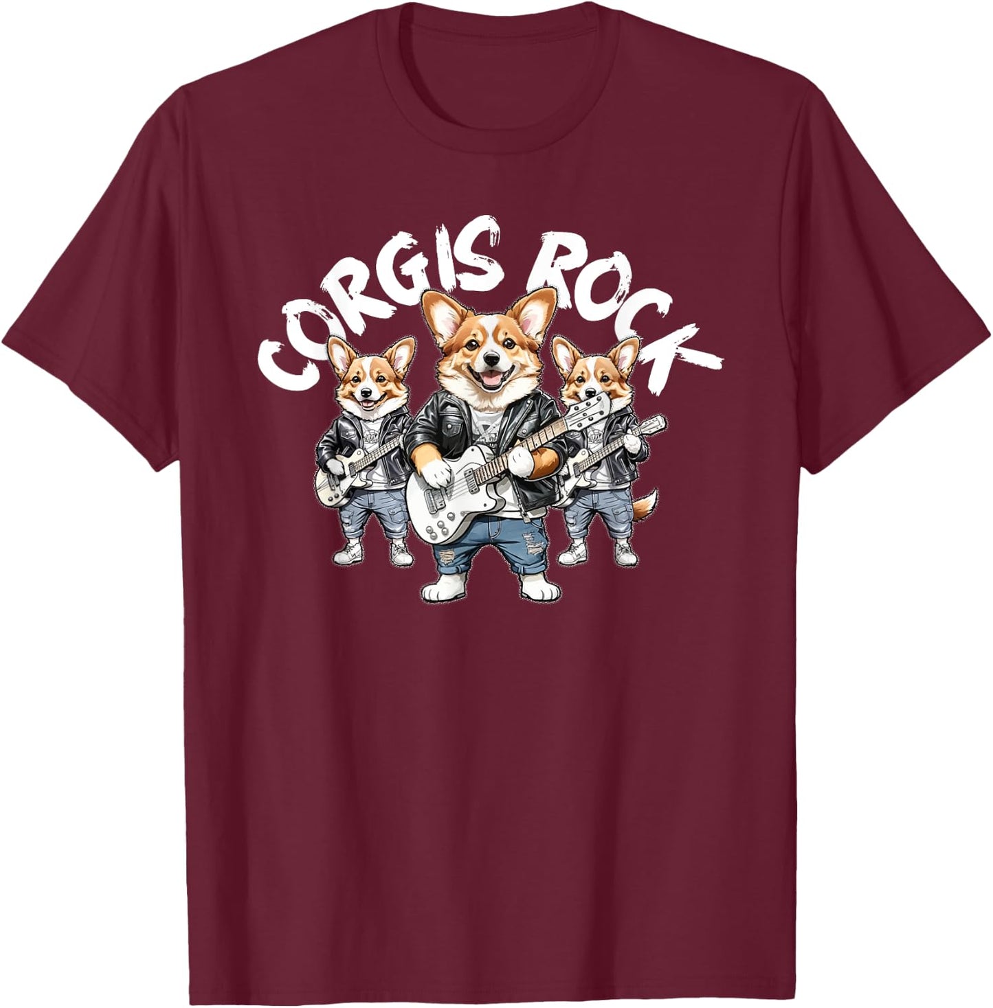 Corgis Rock Cute Cool Corgi Trio Rocking Out Playing Guitar T-Shirt - T-Shirt | Maroon