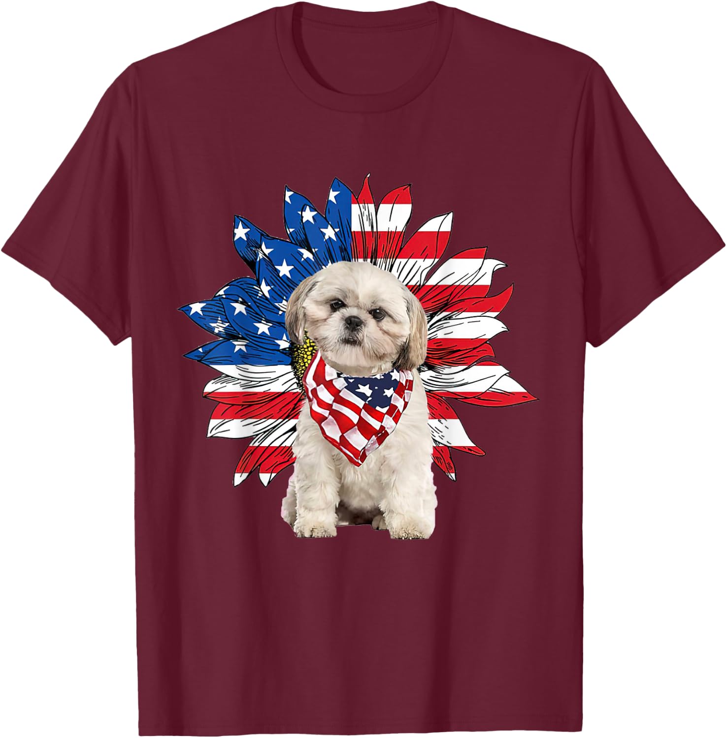 Shih Tzu American Flag Sunflower Dog Lovers 4th Of July T-Shirt - T-Shirt | Maroon