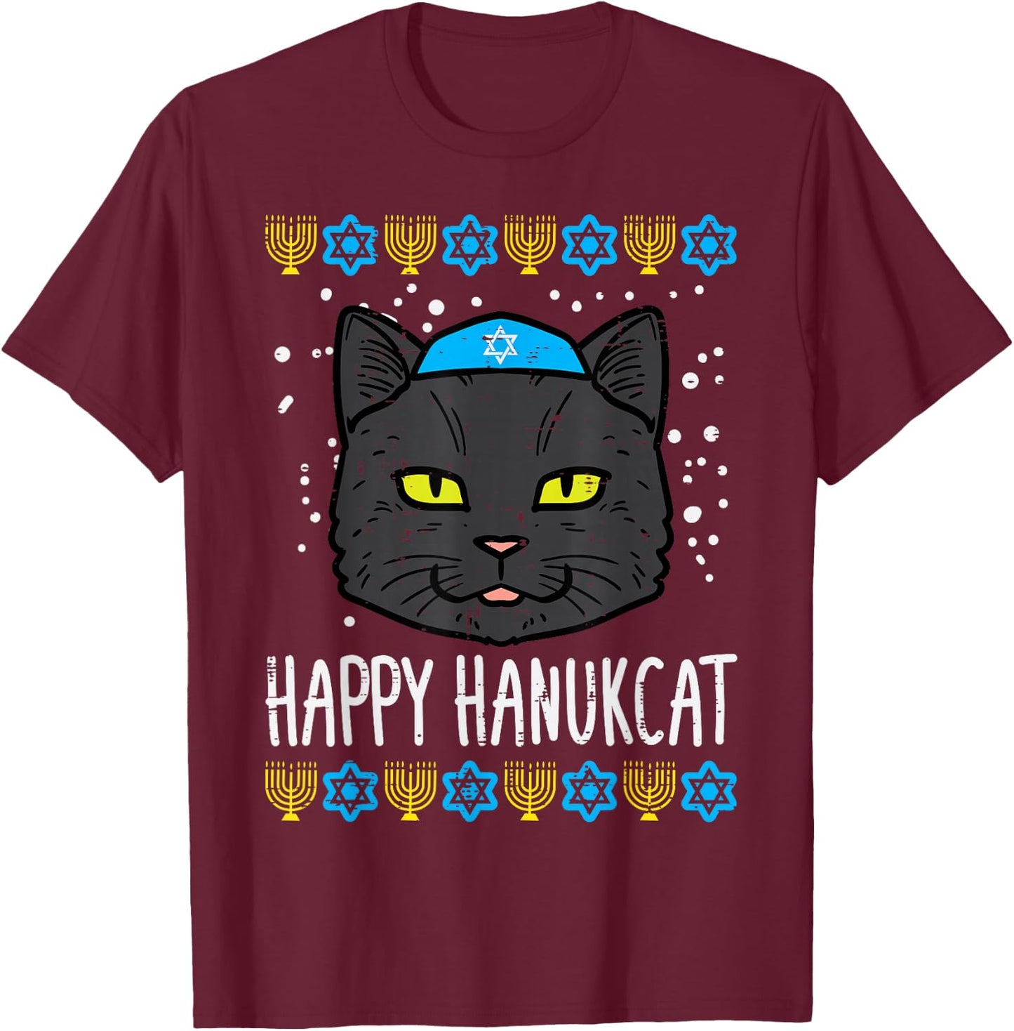 Happy Hanukcat Cat Ugly Hanukkah Chanukah Jew Men Women Kids T-Shirt - T-Shirt | Maroon