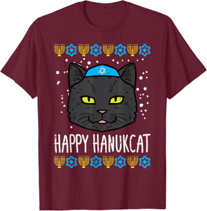 Happy Hanukcat Cat Ugly Hanukkah Chanukah Jew Men Women Kids T-Shirt - T-Shirt | Maroon