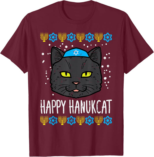Happy Hanukcat Cat Ugly Hanukkah Chanukah Jew Men Women Kids T-Shirt - T-Shirt | Maroon