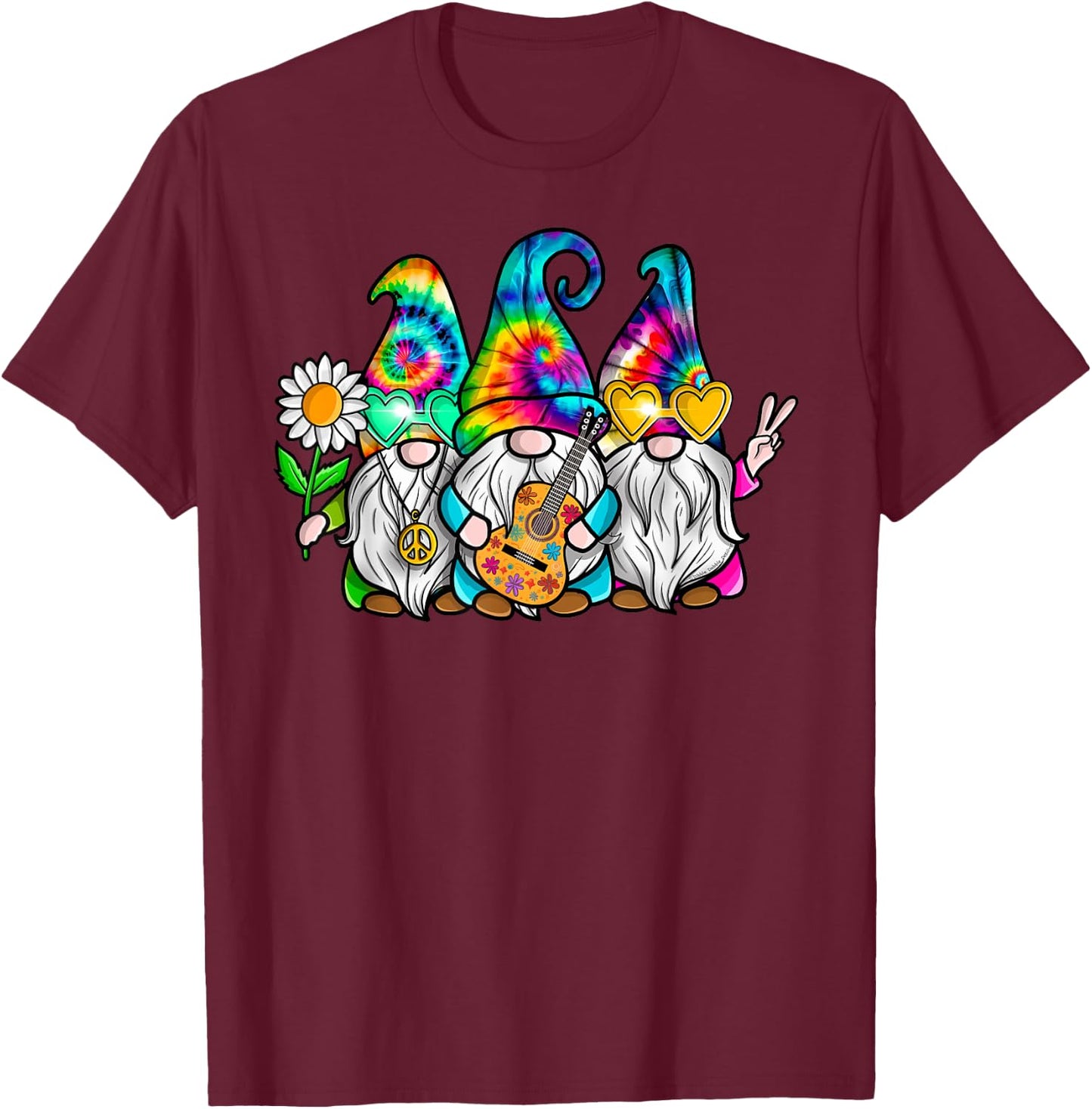 Hippie Gnomes Tie Dye Peace Love Peace Sign 60s 70s Hippie T-Shirt - T-Shirt | Maroon