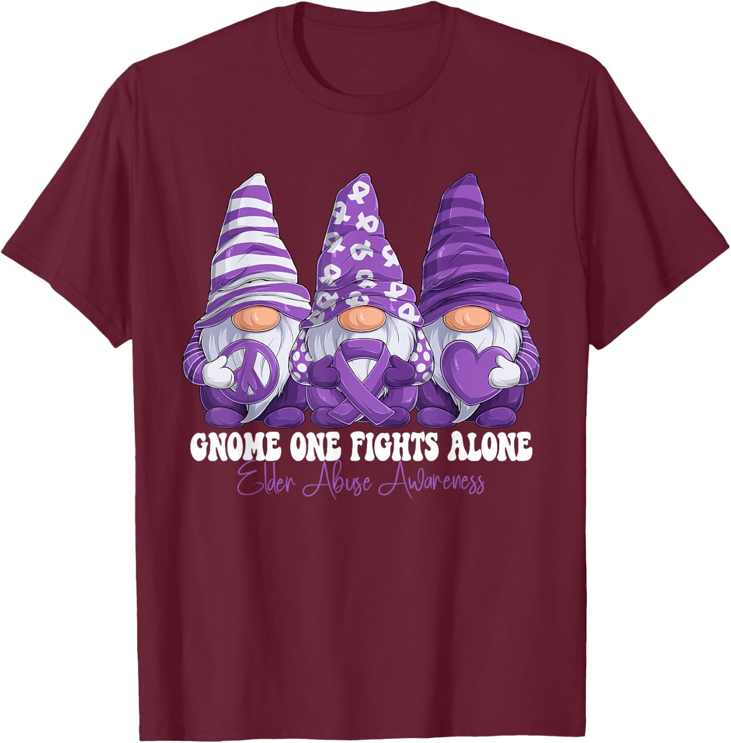 Elder Abuse Awareness Month Purple Ribbon Gnomies Support T-Shirt - T-Shirt | Maroon