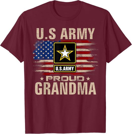 Vintage U.S Army Proud Grandma With American Flag T-Shirt - T-Shirt | Maroon