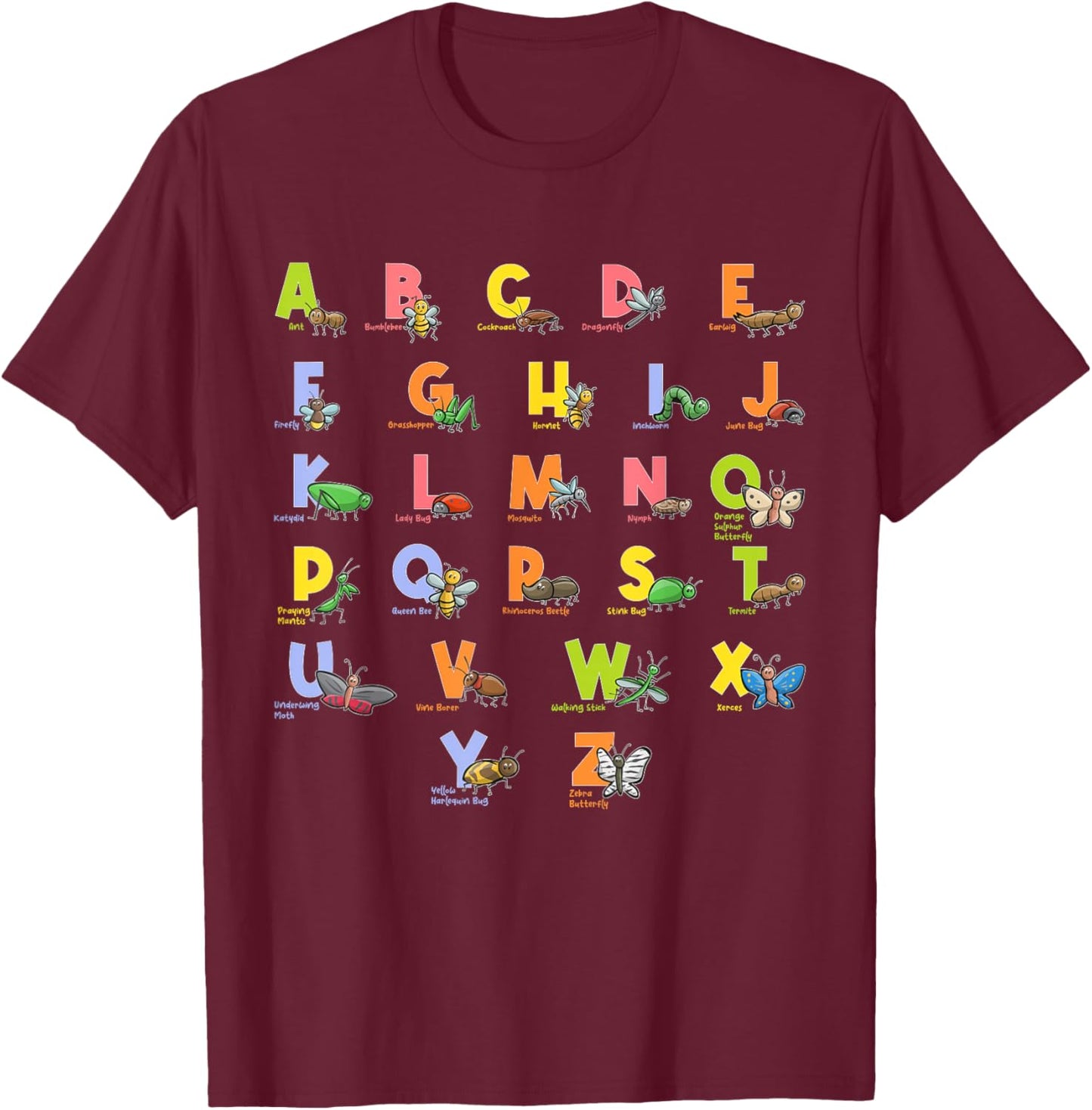 Alphabet Types of Insects Kids Bug Lover Future Entomologist T-Shirt - T-Shirt | Maroon
