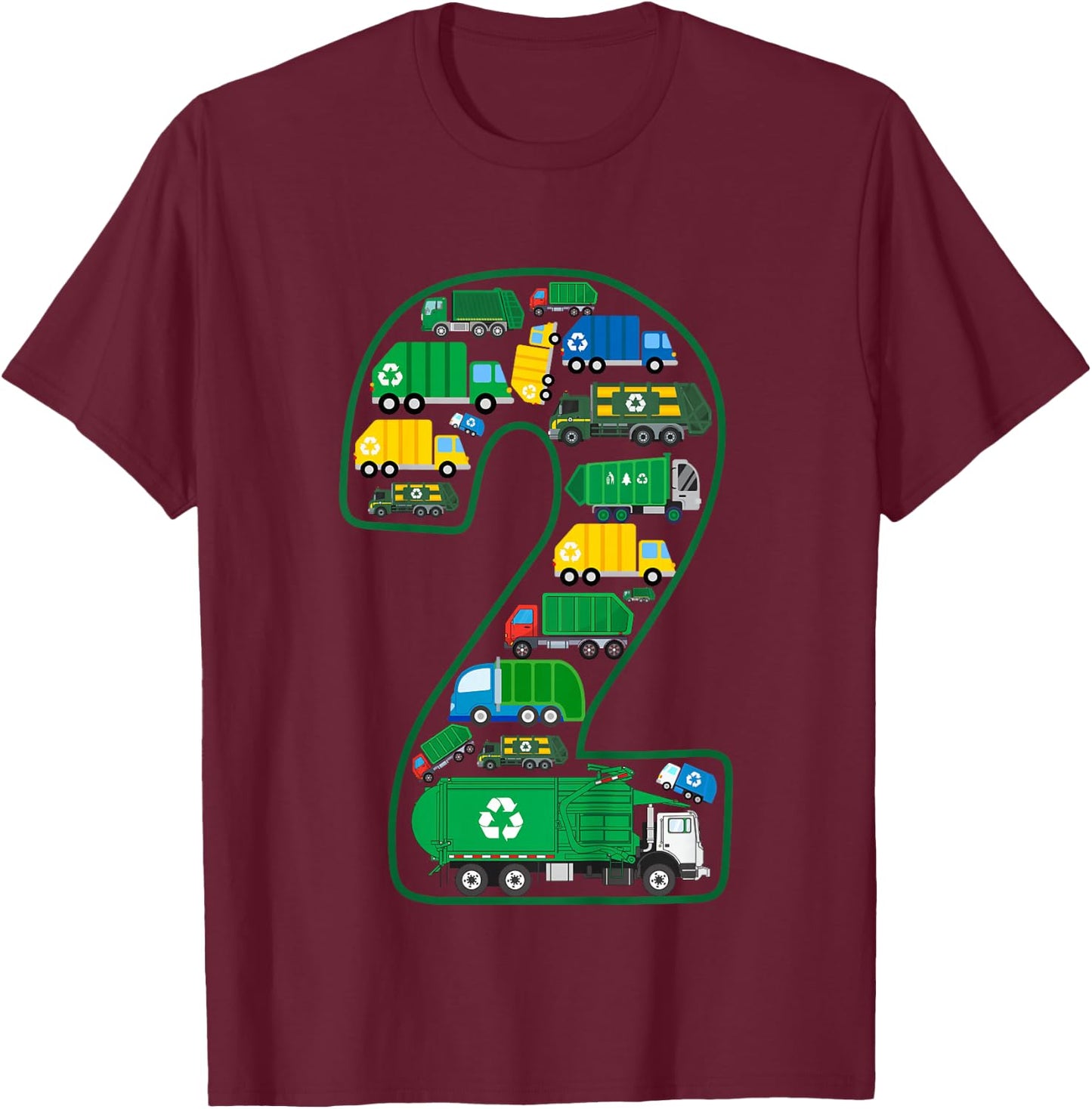 Kids Garbage Truck Boy 2nd Birthday 2 Years Old Garbage Truck Boy T-Shirt - T-Shirt | Maroon