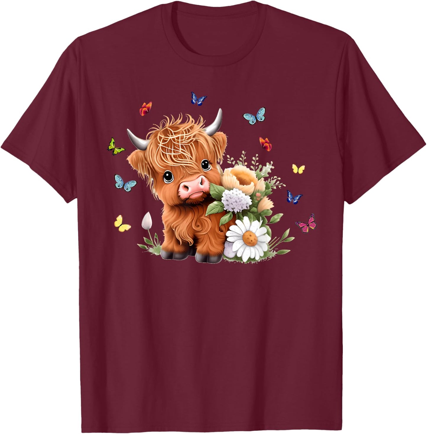 Cute Baby Highland Cow with Flowers Calf Animal Spring T-Shirt - T-Shirt | Maroon