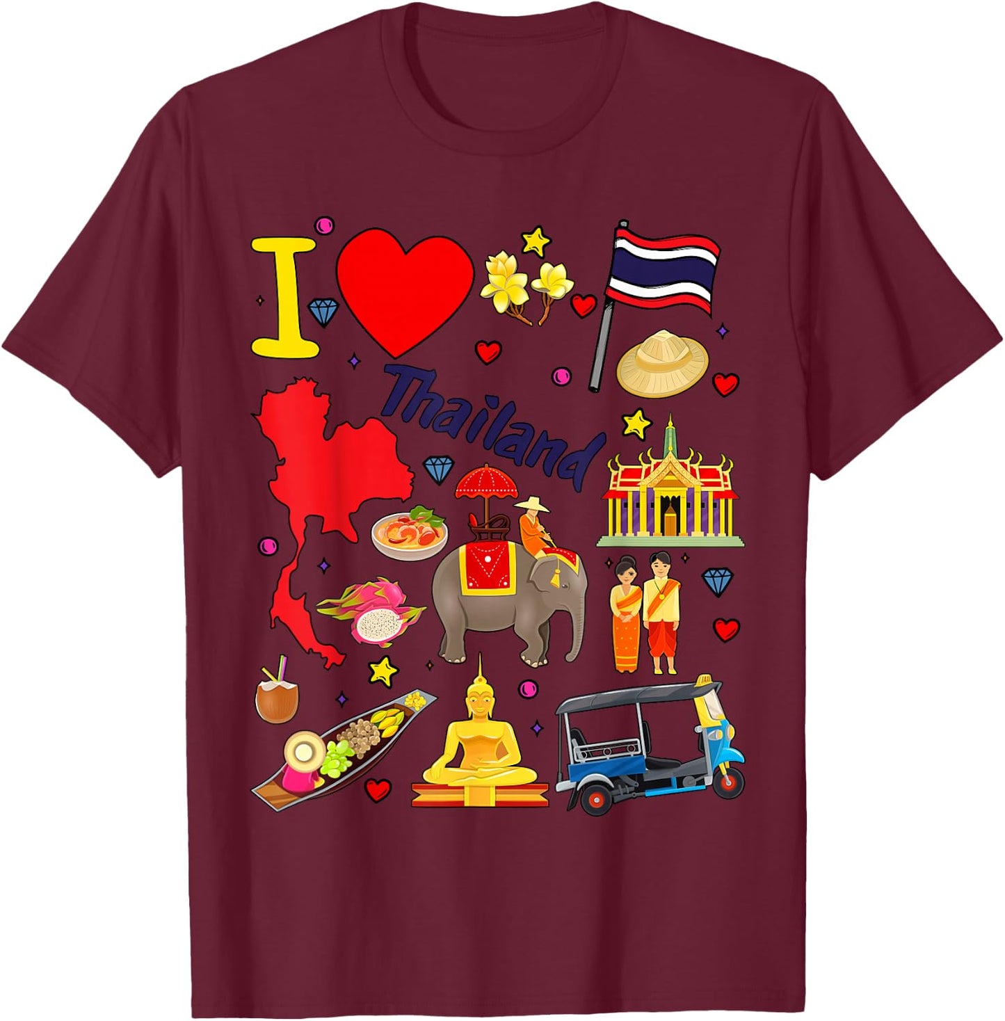 I love Thailand. Hand drawn Thai Landmarks, flag and map T-Shirt - T-Shirt | Maroon