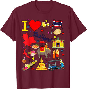 I love Thailand. Hand drawn Thai Landmarks, flag and map T-Shirt - T-Shirt | Maroon