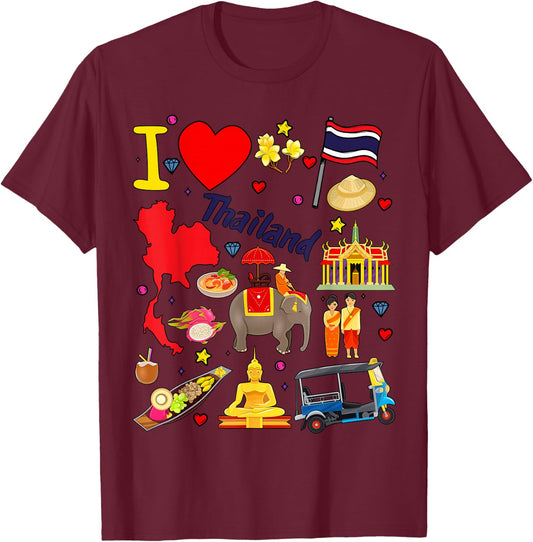 I love Thailand. Hand drawn Thai Landmarks, flag and map T-Shirt - T-Shirt | Maroon