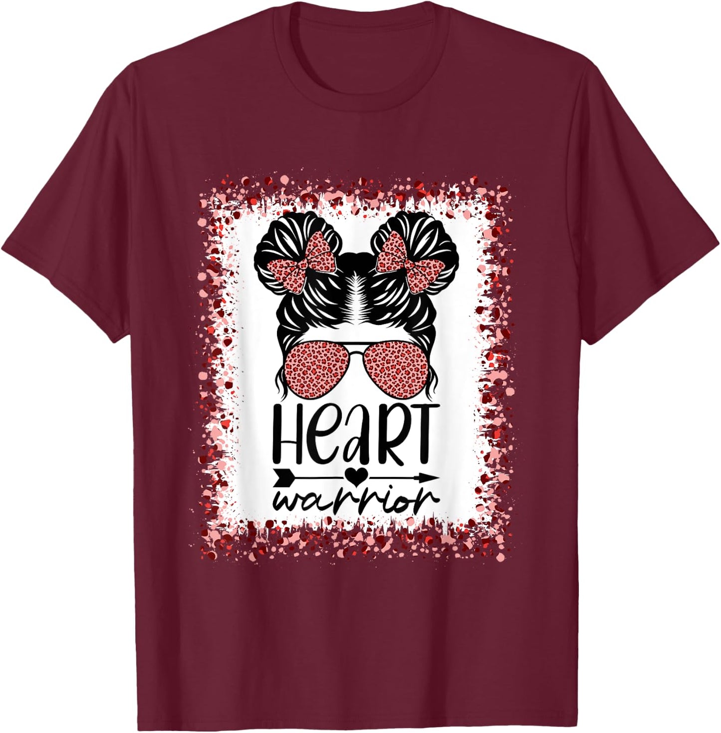 Heart Warrior Messy Bun Leopard Heart Disease Awareness T-Shirt - T-Shirt | Maroon