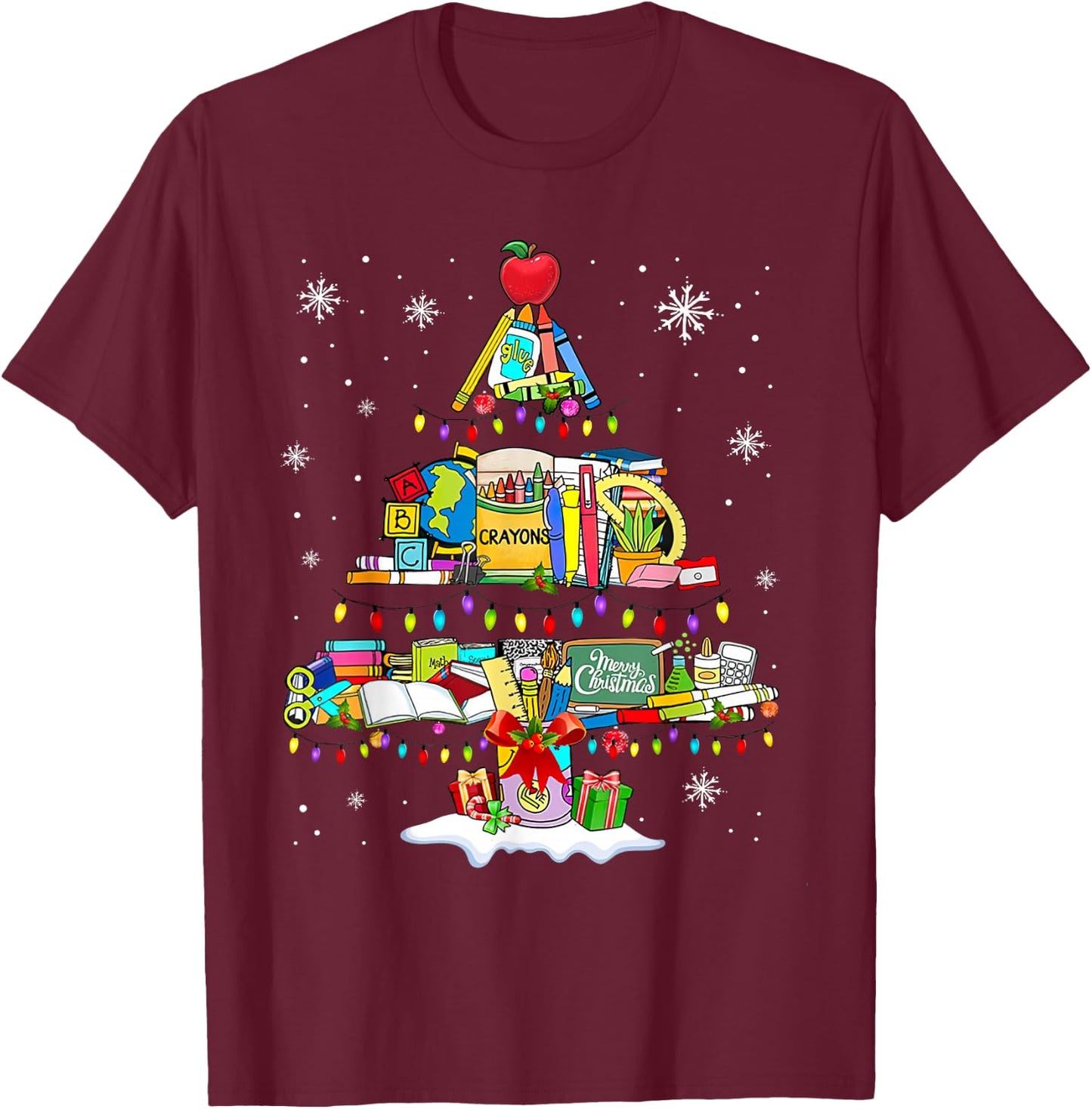 Teacher Christmas Tree School Supplies T-Shirt - T-Shirt | Maroon