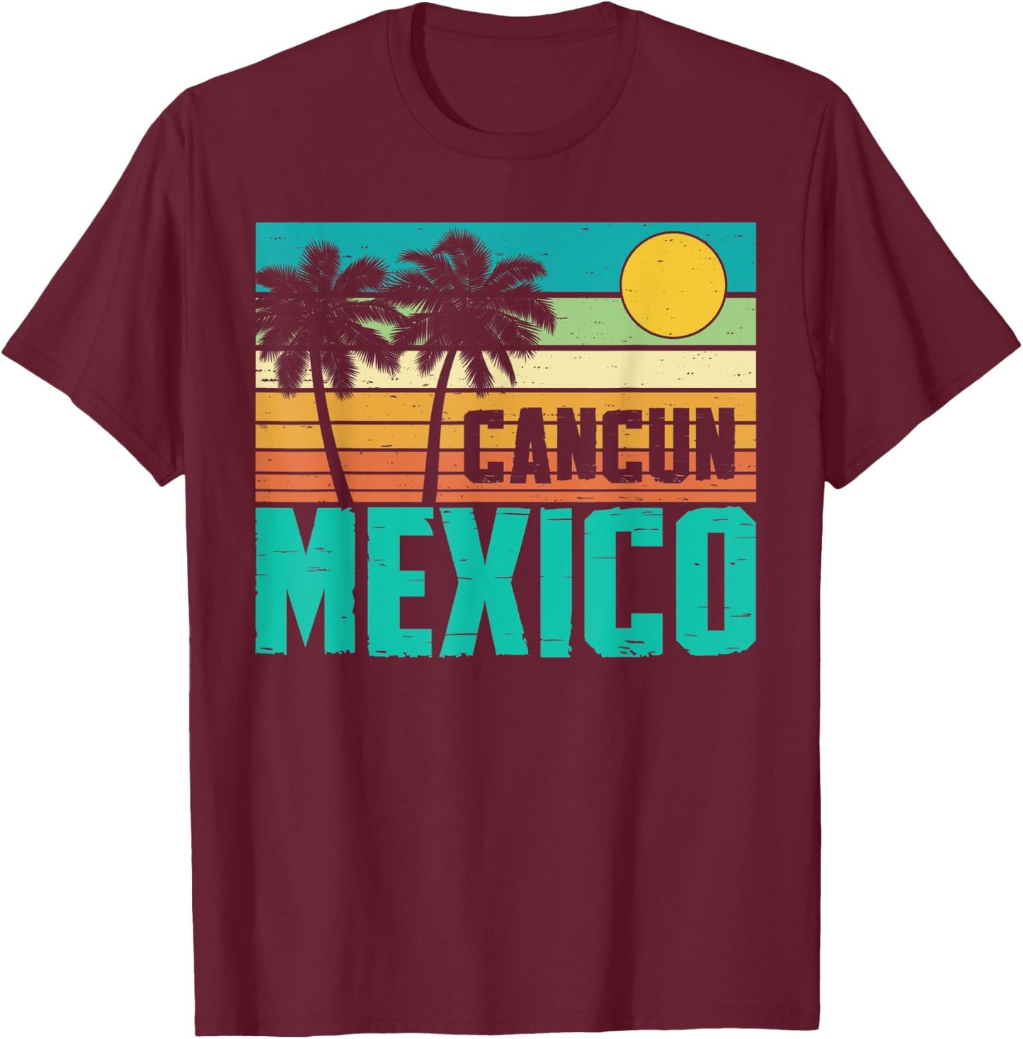 Cancun Mexico Beach Sunset Palm Trees Retro Summer Vacation T-Shirt - T-Shirt | Maroon