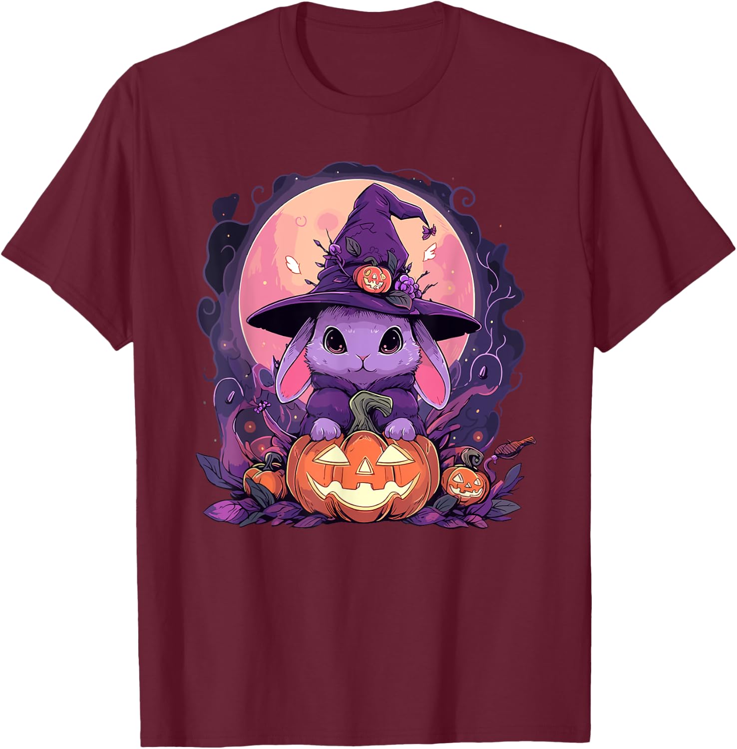Halloween Cute Bunny Rabbit Witch Hat Jack o Lantern Graphic T-Shirt - T-Shirt | Maroon