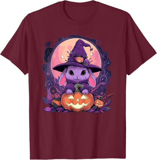 Halloween Cute Bunny Rabbit Witch Hat Jack o Lantern Graphic T-Shirt - T-Shirt | Maroon