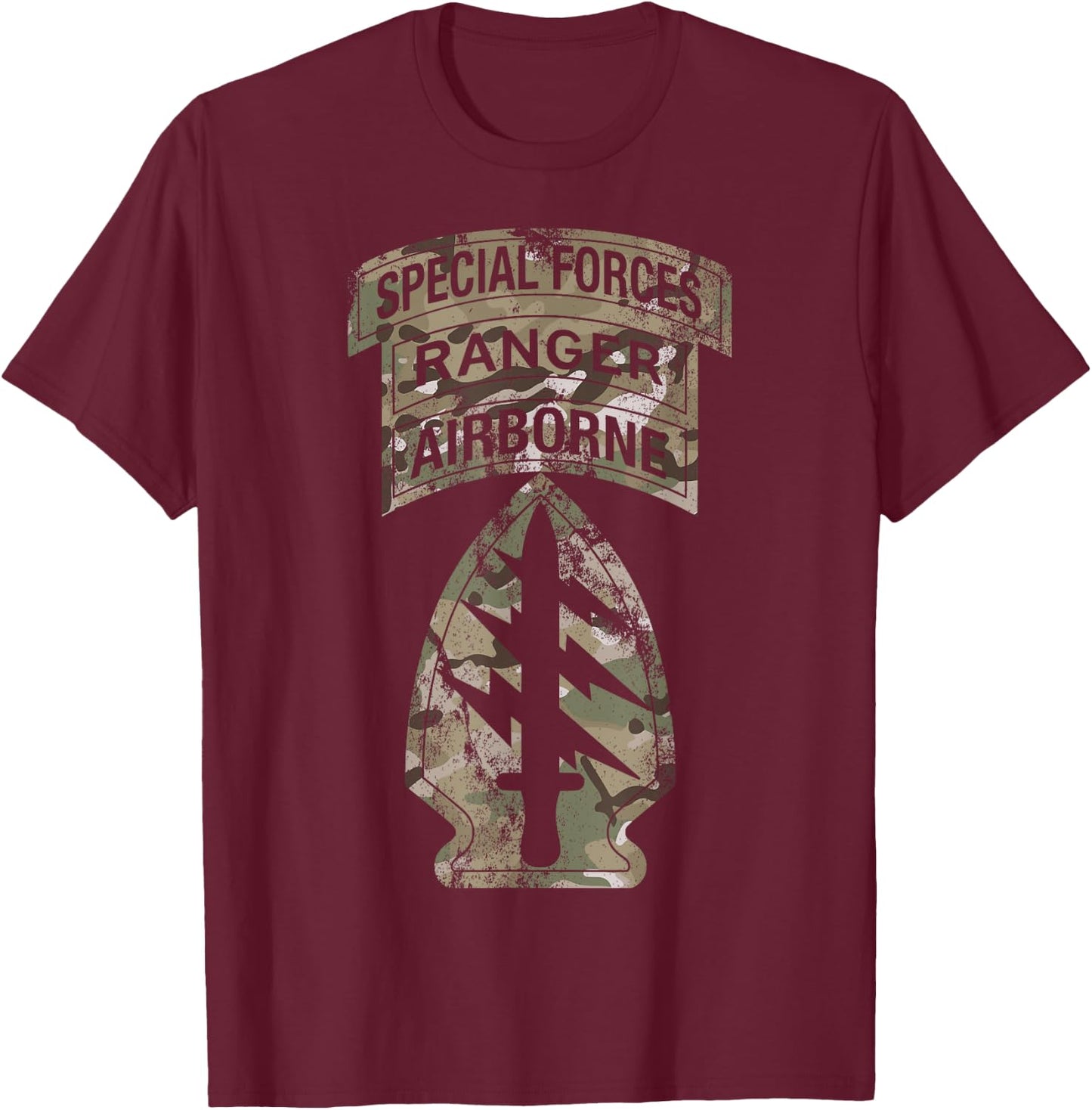 US Special Forces - SF Ranger Tab - Multicam Camo Vintage T-Shirt - T-Shirt | Maroon