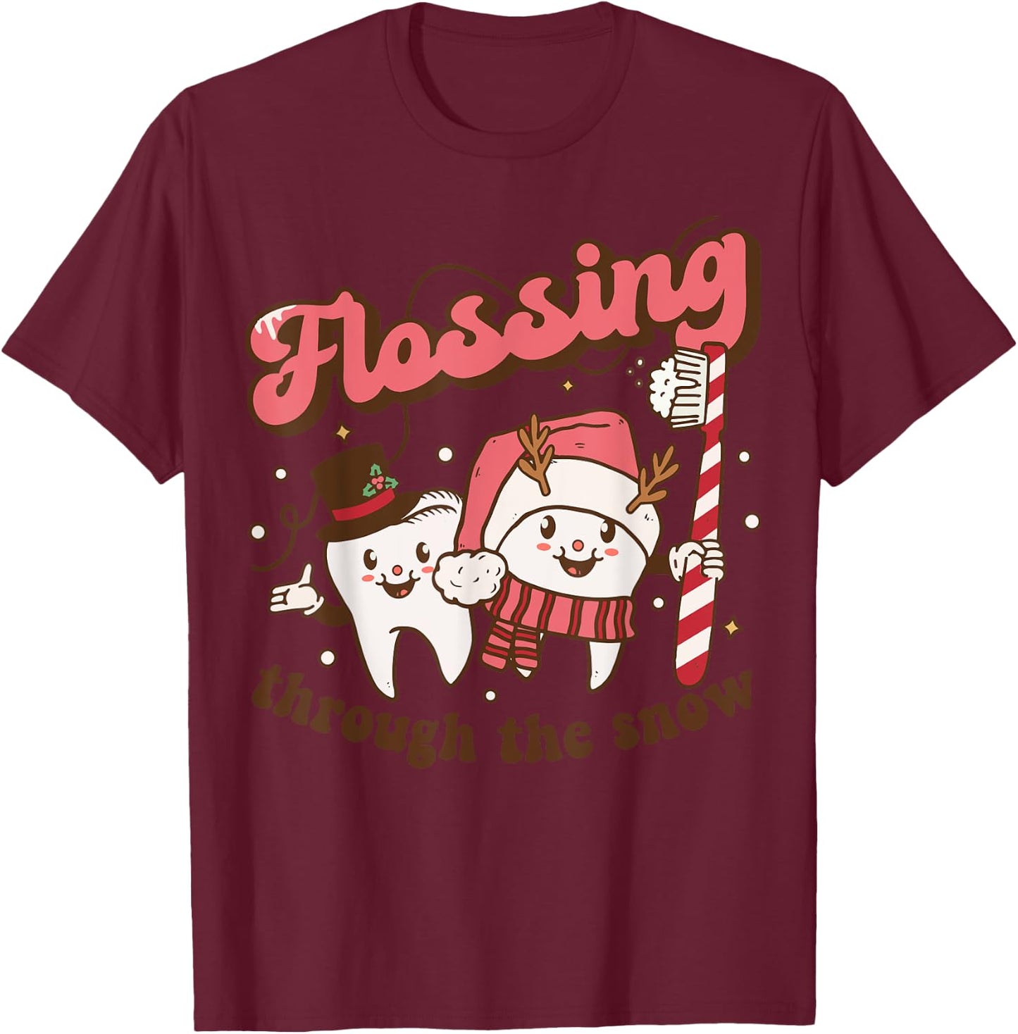 Flossing Through The Snow Dental Hygienist Christmas Dentist T-Shirt - T-Shirt | Maroon