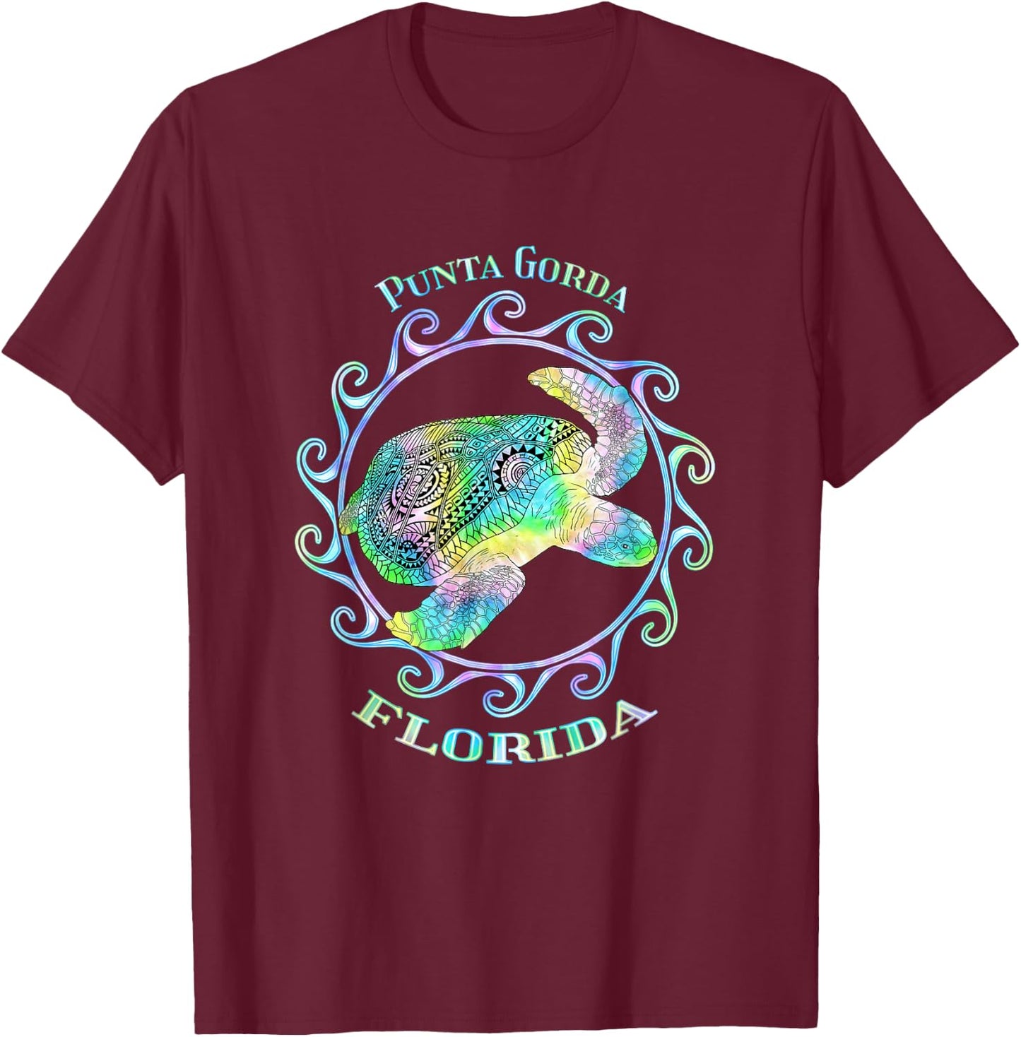 Punta Gorda Florida Vacation Colorful Tribal Turtle T-Shirt - T-Shirt | Maroon