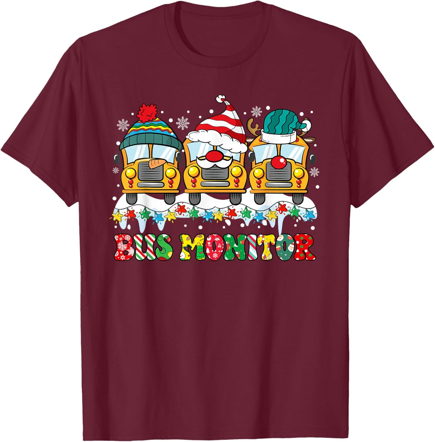 Bus Monitor Bus Santa Reindeer Snowman Xmas Lights Christmas T-Shirt - T-Shirt | Maroon