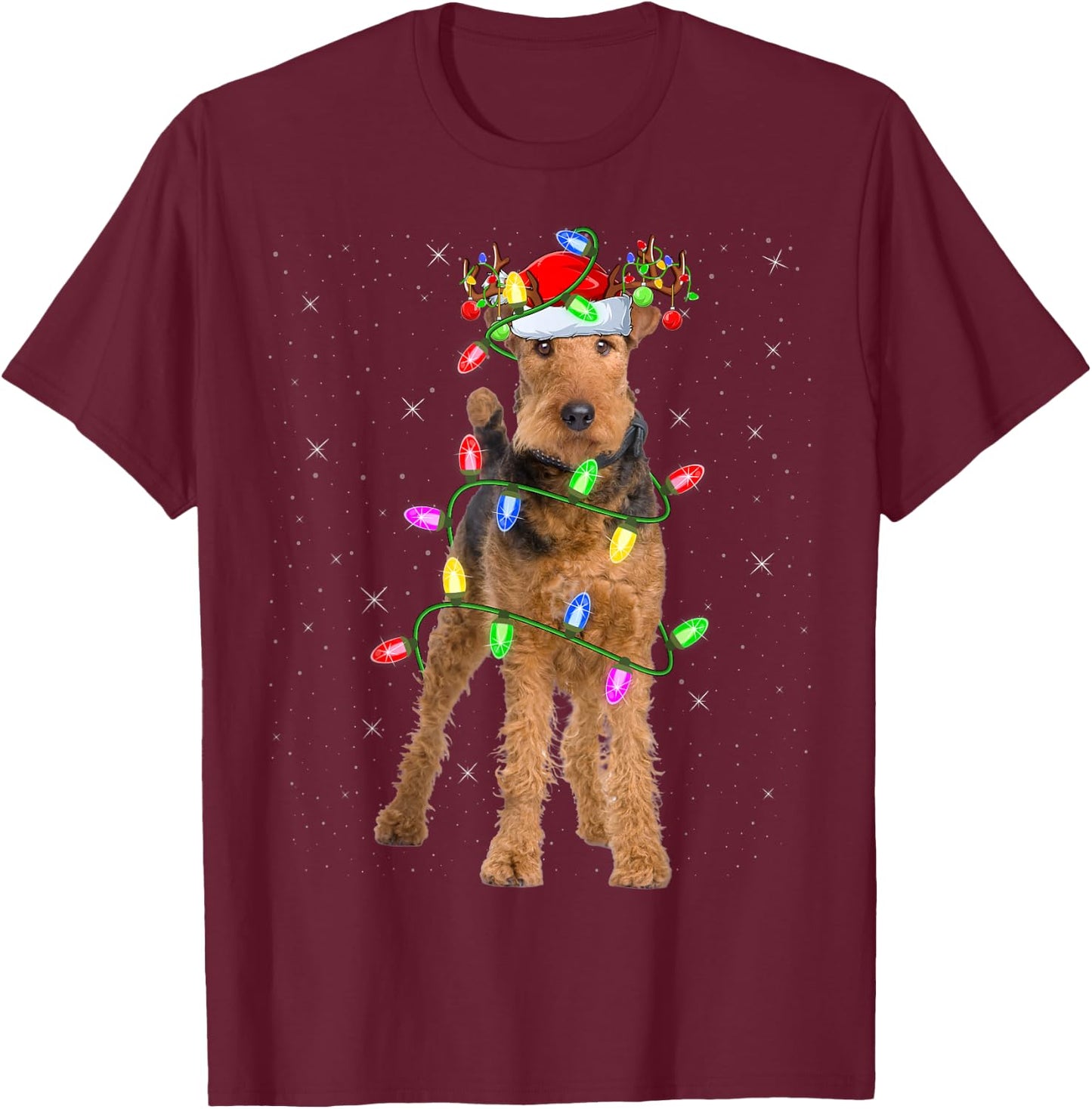 Xmas Holiday Lighting Santa Airedale Terrier Christmas T-Shirt - T-Shirt | Maroon
