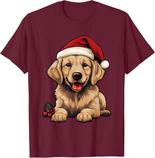 Golden Retriever Dog Christmas Santa Hat Xmas Pajama T-Shirt - T-Shirt | Maroon