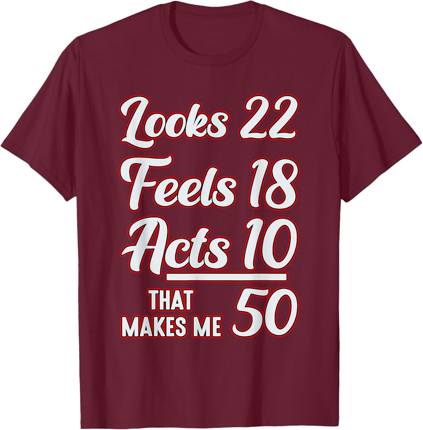 Looks 22, feels 18, acts 10, that makes 50 T-Shirt - T-Shirt | Maroon