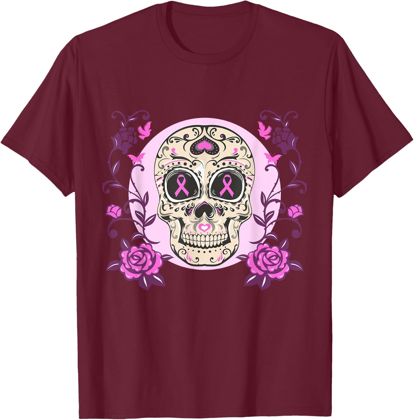 Sugar Skull Pink Ribbon Breast Cancer Awareness Calavera T-Shirt - T-Shirt | Maroon