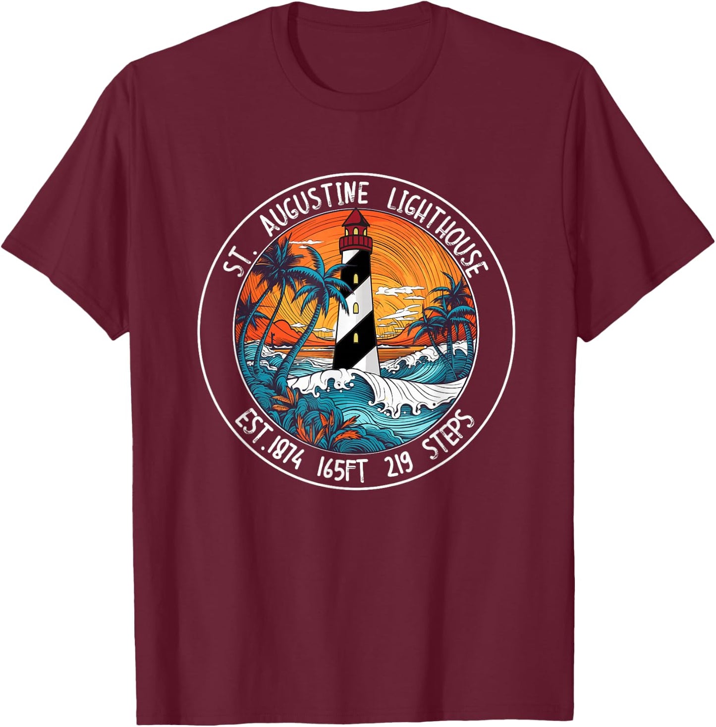 St. Augustine Lighthouse Florida Retro Sunset Palm Trees T-Shirt - T-Shirt | Maroon
