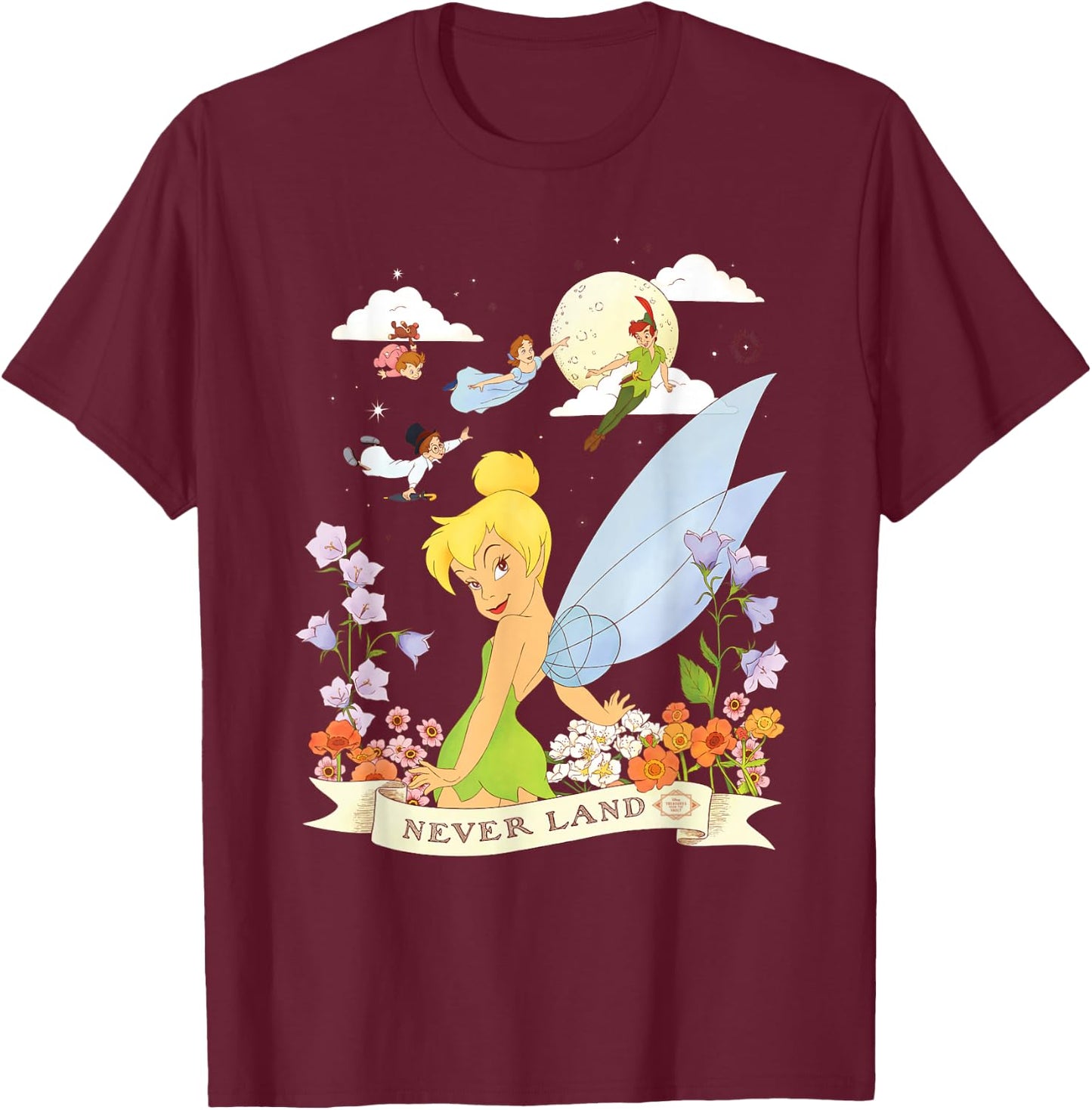 Disney Peter Pan Tinker Bell Never Land Flowers and Flight T-Shirt - T-Shirt | Maroon