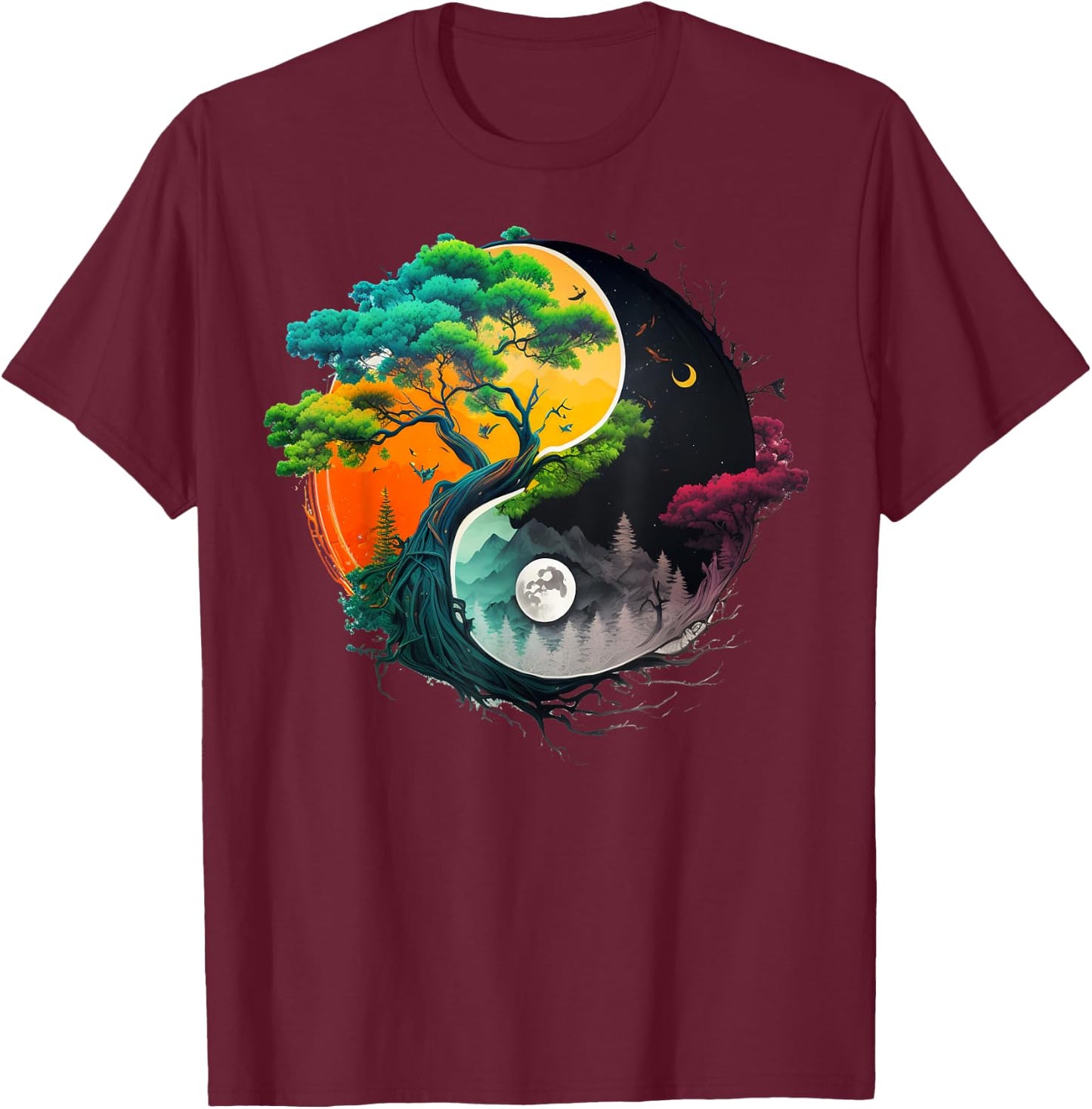 Nature Taoism Yin Yang Symbol on Zen Taijitu Yin Yang T-Shirt - T-Shirt | Maroon